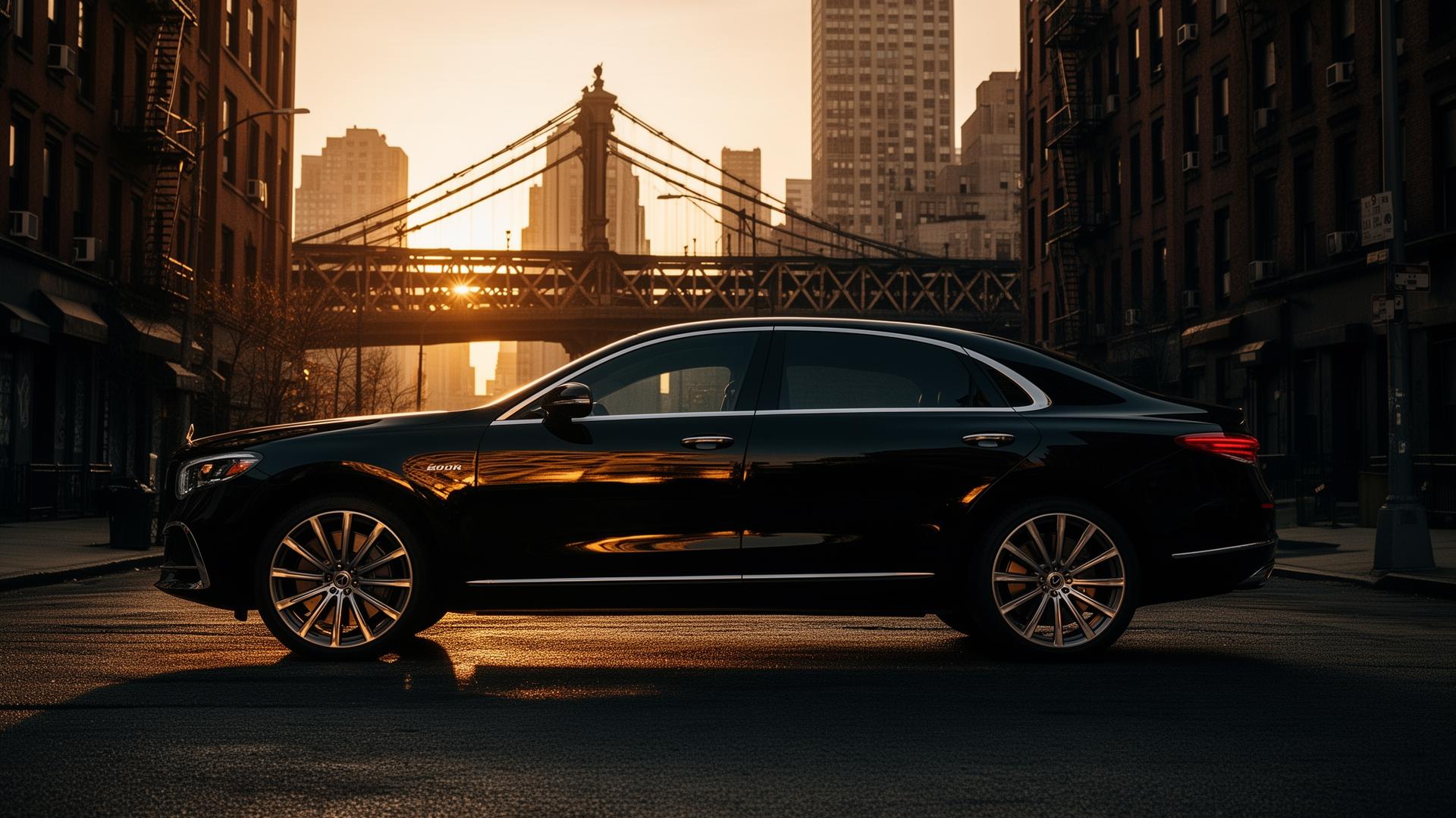 Luxury sedan parked on a Bronx street at golden hour